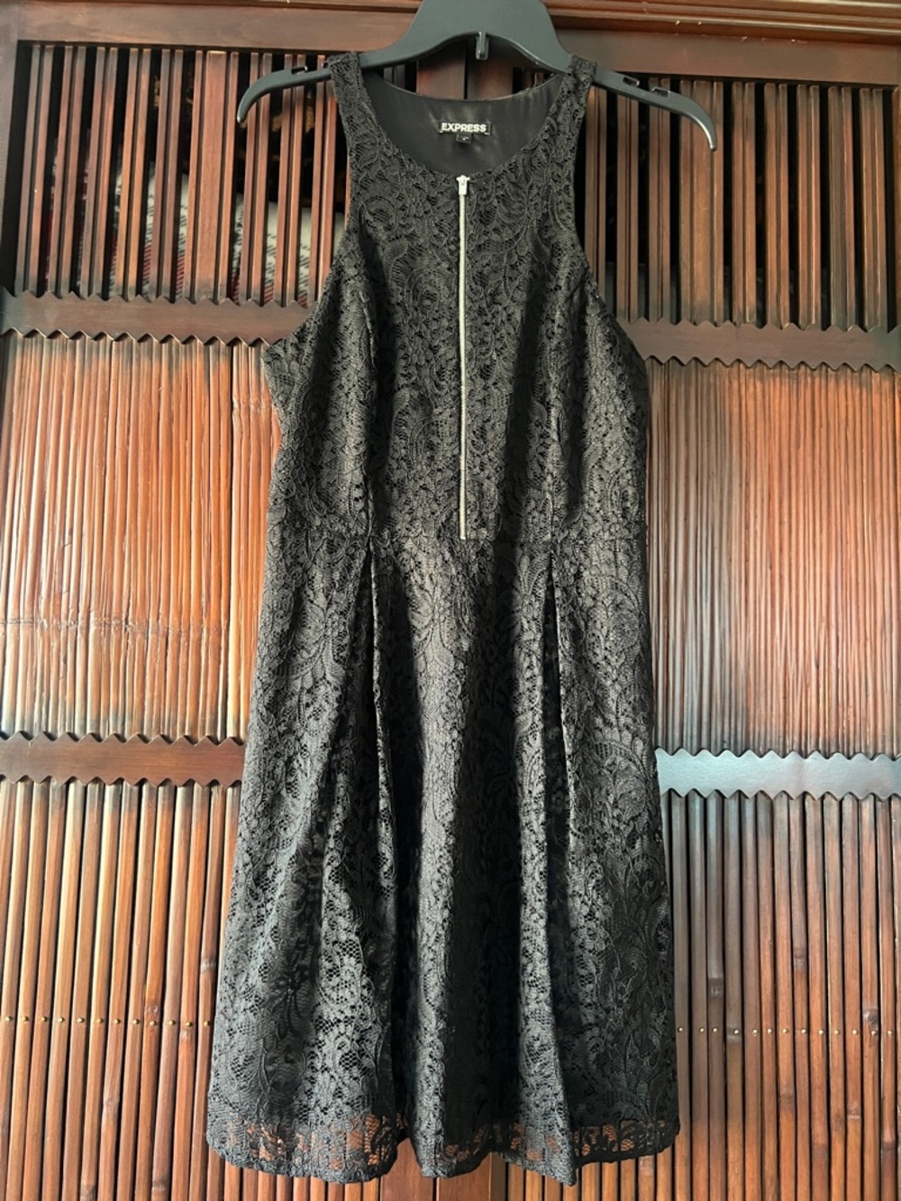 Express Black Lace Sleeveless Fit-and-Flare Dress with Front Zip